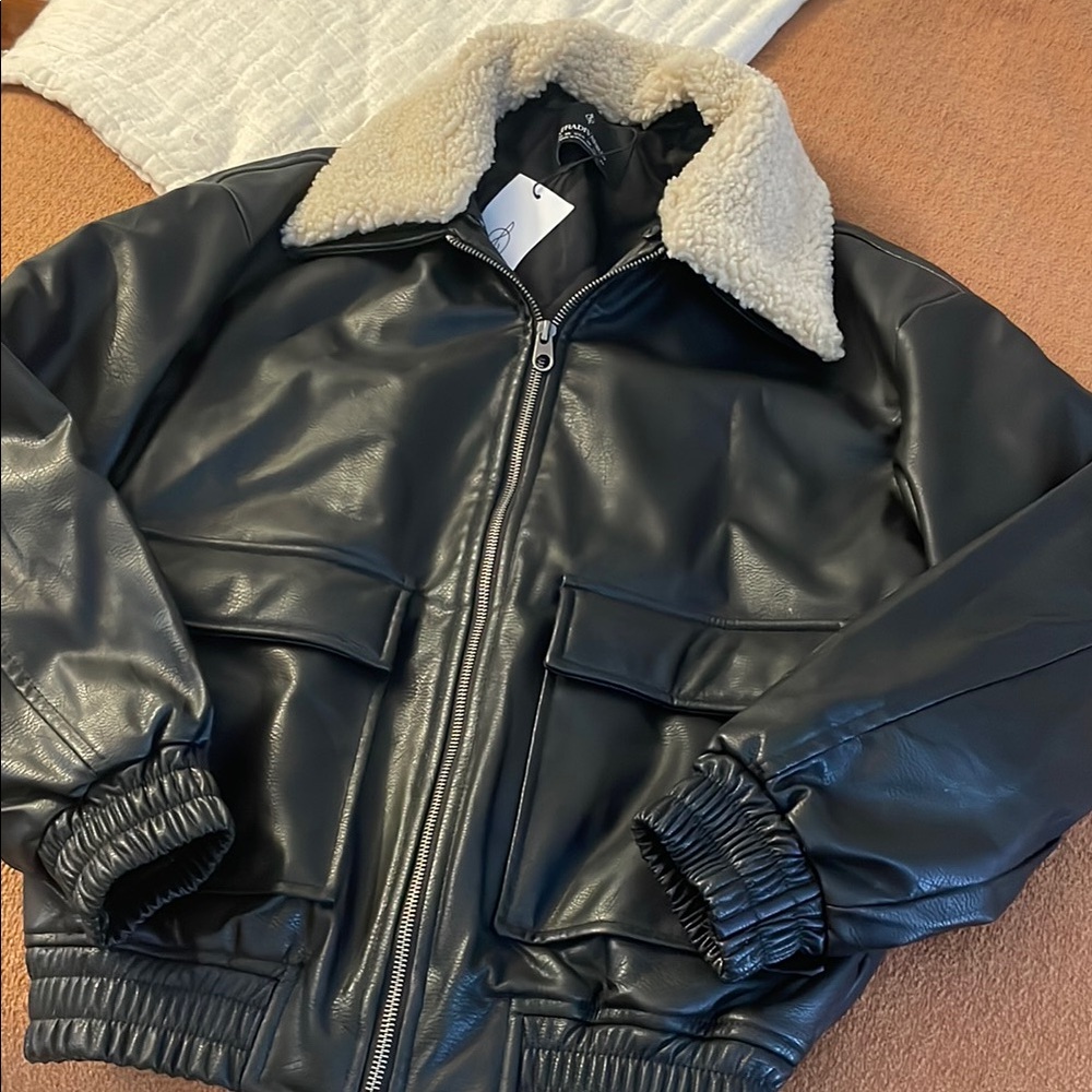 Women’s Black Faux Leather Jacket with Teddy Collar